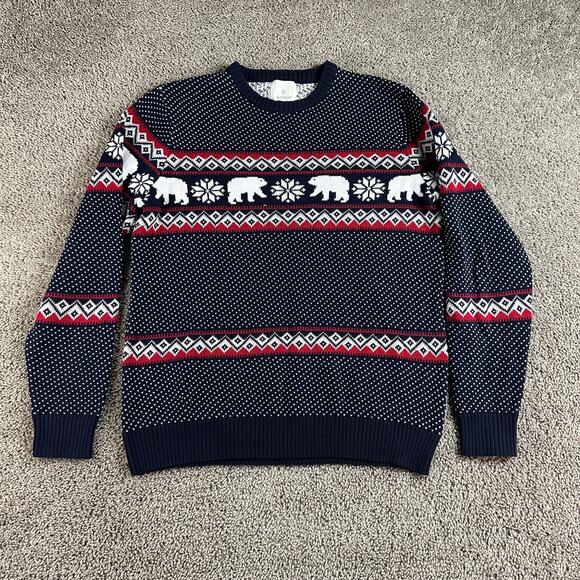 Aspen Sweater Mens L Blue Birdseye Fair Isle Polar Bear Cotton Crewneck Pullover - Picture 1 of 9